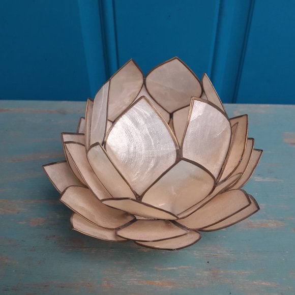 Lotus Flower Candle Holder Tea Light Mother Of Pear Shell Natural Metal - Picture 5 of 10